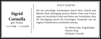 Traueranzeige von Sigrid Cornella von Licher Wochenblatt