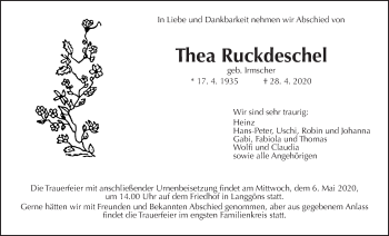 Traueranzeige von Thea Ruckdeschel von Giessener Allgemeine, Alsfelder Allgemeine