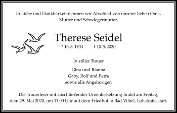 Traueranzeige von Therese Seidel von Bad Vilbel/Karben