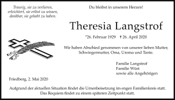 Traueranzeige von Theresia Langstrof von Wetterauer Zeitung