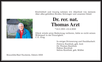 Traueranzeige von Thomas Arzt von Wetterauer Zeitung