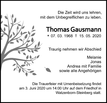 Traueranzeige von Thomas Gausmann von Giessener Allgemeine, Alsfelder Allgemeine