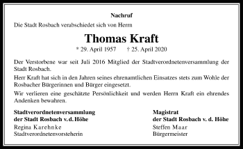 Traueranzeige von Thomas Kraft von Wetterauer Zeitung