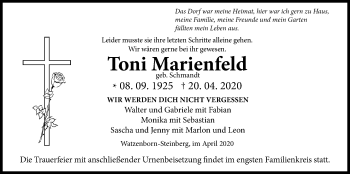 Traueranzeige von Toni Marienfeld von Giessener Allgemeine, Alsfelder Allgemeine