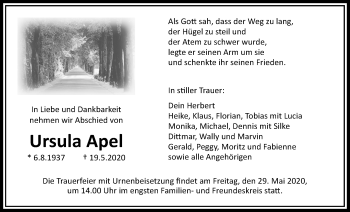 Traueranzeige von Ursula Apel von Licher Wochenblatt