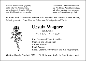 Traueranzeige von Ursula Wagner von Giessener Allgemeine, Alsfelder Allgemeine