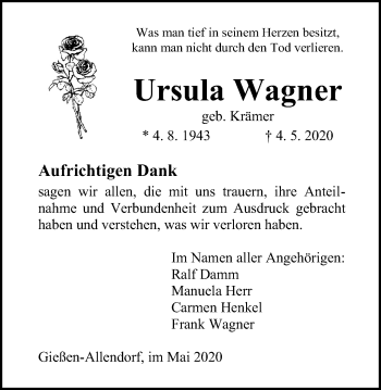 Traueranzeige von Ursula Wagner von Giessener Allgemeine, Alsfelder Allgemeine