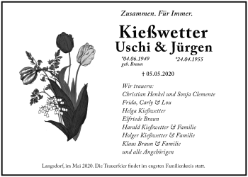 Traueranzeige von Uschi und Jürgen Kießwetter von Giessener Allgemeine, Alsfelder Allgemeine