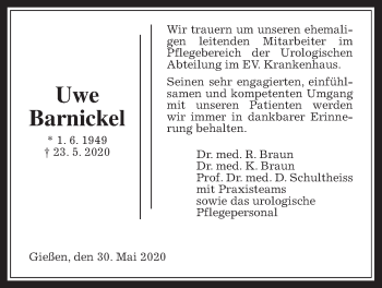 Traueranzeige von Uwe Barnickel von Giessener Allgemeine, Alsfelder Allgemeine