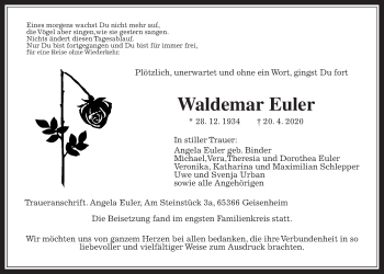 Traueranzeige von Waldemar Euler von Giessener Allgemeine, Alsfelder Allgemeine