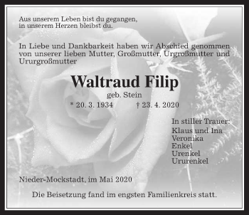 Traueranzeige von Waltraud Filip von Wetterauer Zeitung
