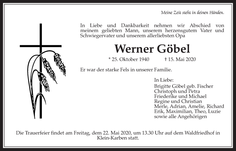  Traueranzeige für Werner Göbel vom 19.05.2020 aus Wetterauer Zeitung