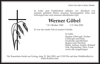 Traueranzeige von Werner Göbel von Wetterauer Zeitung