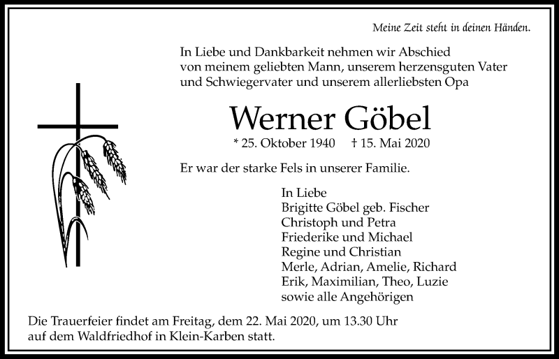  Traueranzeige für Werner Göbel vom 22.05.2020 aus Bad Vilbel/Karben
