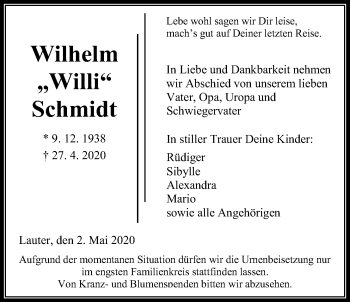 Traueranzeige von Wilhelm Schmidt von Giessener Allgemeine, Alsfelder Allgemeine