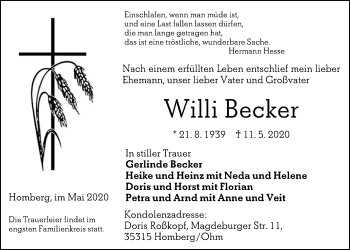 Traueranzeige von Willi Becker von Alsfelder Allgemeine