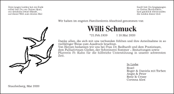 Traueranzeige von Willi Schmuck von Wetterauer Zeitung, Giessener Allgemeine, Alsfelder Allgemeine