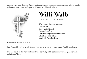 Traueranzeige von Willi Walb von Giessener Allgemeine, Alsfelder Allgemeine
