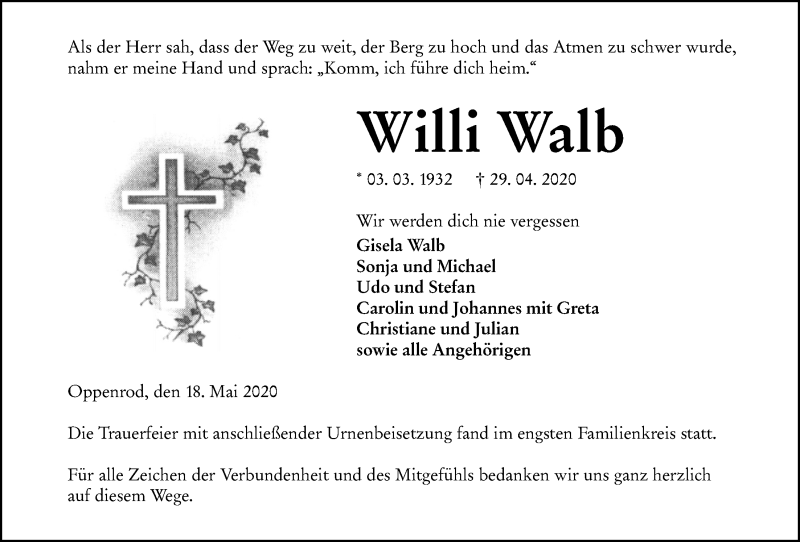  Traueranzeige für Willi Walb vom 18.05.2020 aus Giessener Allgemeine, Alsfelder Allgemeine