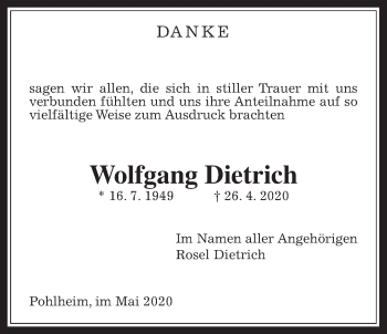 Traueranzeige von Wolfgang Dietrich von Pohlheimer Nachrichten