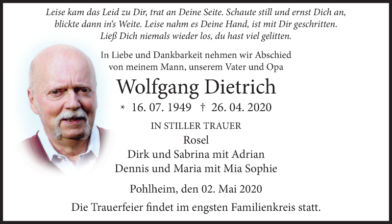  Traueranzeige für Wolfgang Dietrich vom 02.05.2020 aus Giessener Allgemeine, Alsfelder Allgemeine