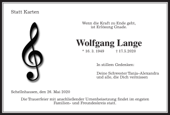 Traueranzeige von Wolfgang Lange von Alsfelder Allgemeine