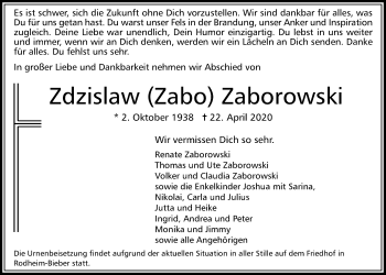 Traueranzeige von Zdzislaw Zaborowski von Giessener Allgemeine, Alsfelder Allgemeine