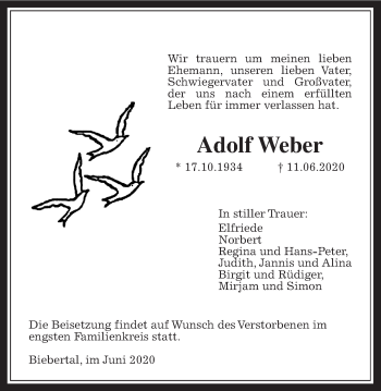 Traueranzeige von Adolf Weber von Giessener Allgemeine, Alsfelder Allgemeine