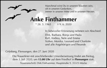 Traueranzeige von Anke Finthammer von Giessener Allgemeine, Alsfelder Allgemeine
