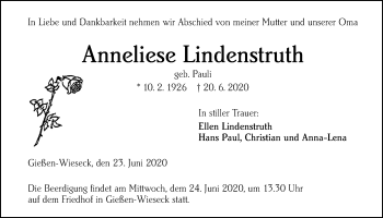 Traueranzeige von Anneliese Lindenstruth von Giessener Allgemeine, Alsfelder Allgemeine