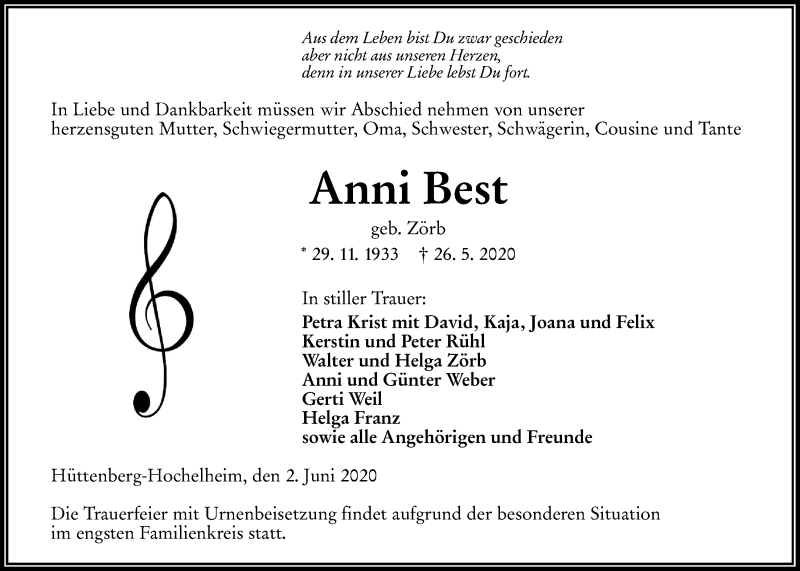  Traueranzeige für Anni Best vom 02.06.2020 aus Giessener Allgemeine, Alsfelder Allgemeine