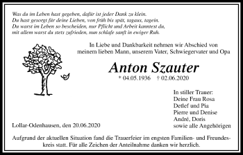 Traueranzeige von Anton Szauter von Giessener Allgemeine, Alsfelder Allgemeine