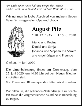 Traueranzeige von August Pitz von Giessener Allgemeine, Alsfelder Allgemeine