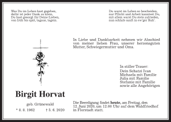Traueranzeige von Birgit Horvat von Wetterauer Zeitung