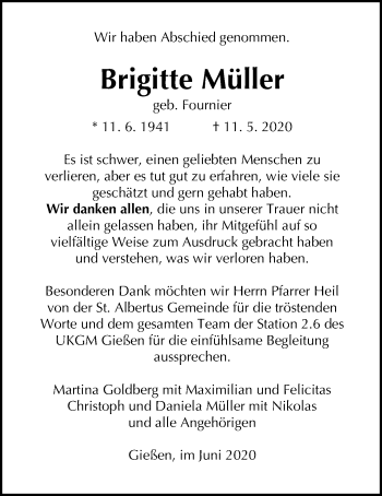 Traueranzeige von Brigitte Müller von Giessener Allgemeine, Alsfelder Allgemeine
