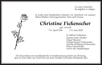 Traueranzeige von Christine Fickenscher von Wetterauer Zeitung