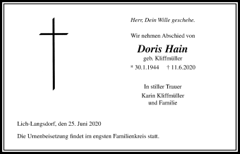 Traueranzeige von Doris Hain von Licher Wochenblatt
