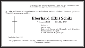Traueranzeige von Eberhard Schilz von Licher Wochenblatt