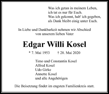 Traueranzeige von Edgar Kosel von Wetterauer Zeitung