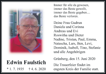 Traueranzeige von Edwin Faulstich von Giessener Allgemeine, Alsfelder Allgemeine