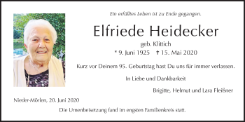 Traueranzeige von Elfriede Heidecker von Wetterauer Zeitung