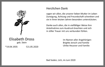 Traueranzeige von Elisabeth Dross von Licher Wochenblatt