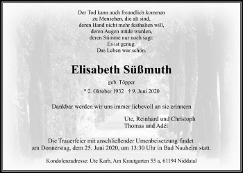 Traueranzeige von Elisabeth Süßmuth von Wetterauer Zeitung