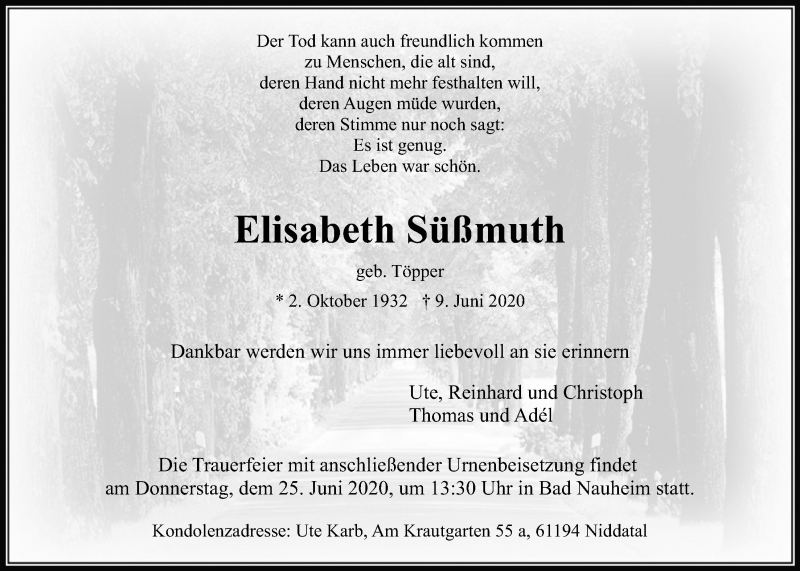  Traueranzeige für Elisabeth Süßmuth vom 20.06.2020 aus Wetterauer Zeitung