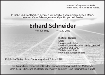 Traueranzeige von Erhard Schneider von Giessener Allgemeine, Alsfelder Allgemeine