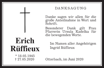 Traueranzeige von Erich Rüffieux von Alsfelder Allgemeine