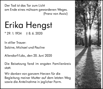 Traueranzeige von Erika Hengst von Giessener Allgemeine, Alsfelder Allgemeine