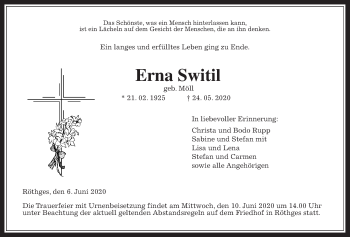 Traueranzeige von Erna Switil von Giessener Allgemeine, Alsfelder Allgemeine