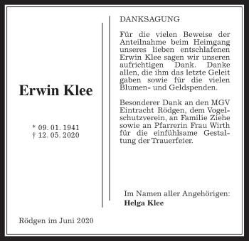 Traueranzeige von Erwin Klee von Wetterauer Zeitung