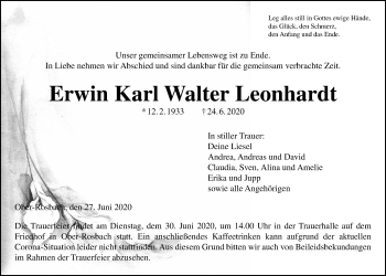 Traueranzeige von Erwin Karl Walter Leonhardt von Wetterauer Zeitung